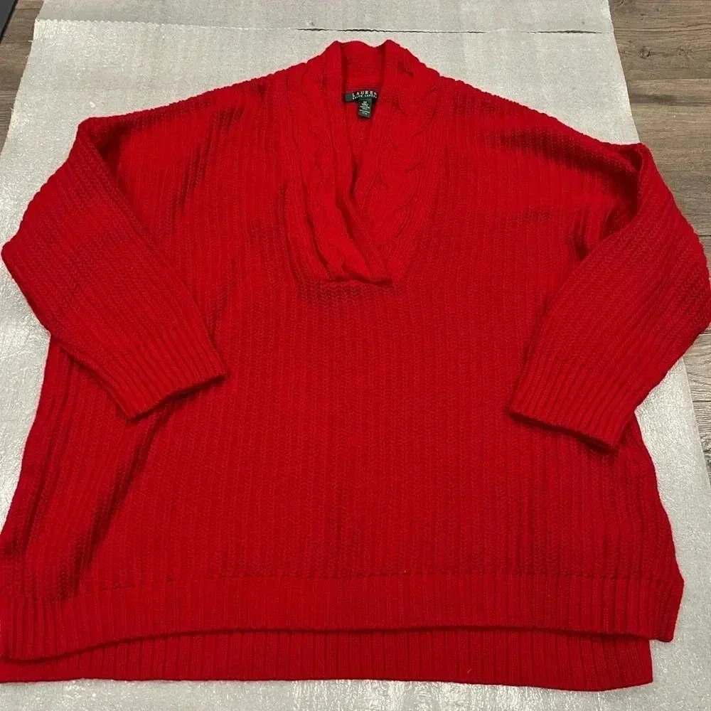 [2X]Lauren Ralph Lauren Red V-neck cotton PullOver Cable Knit sweater